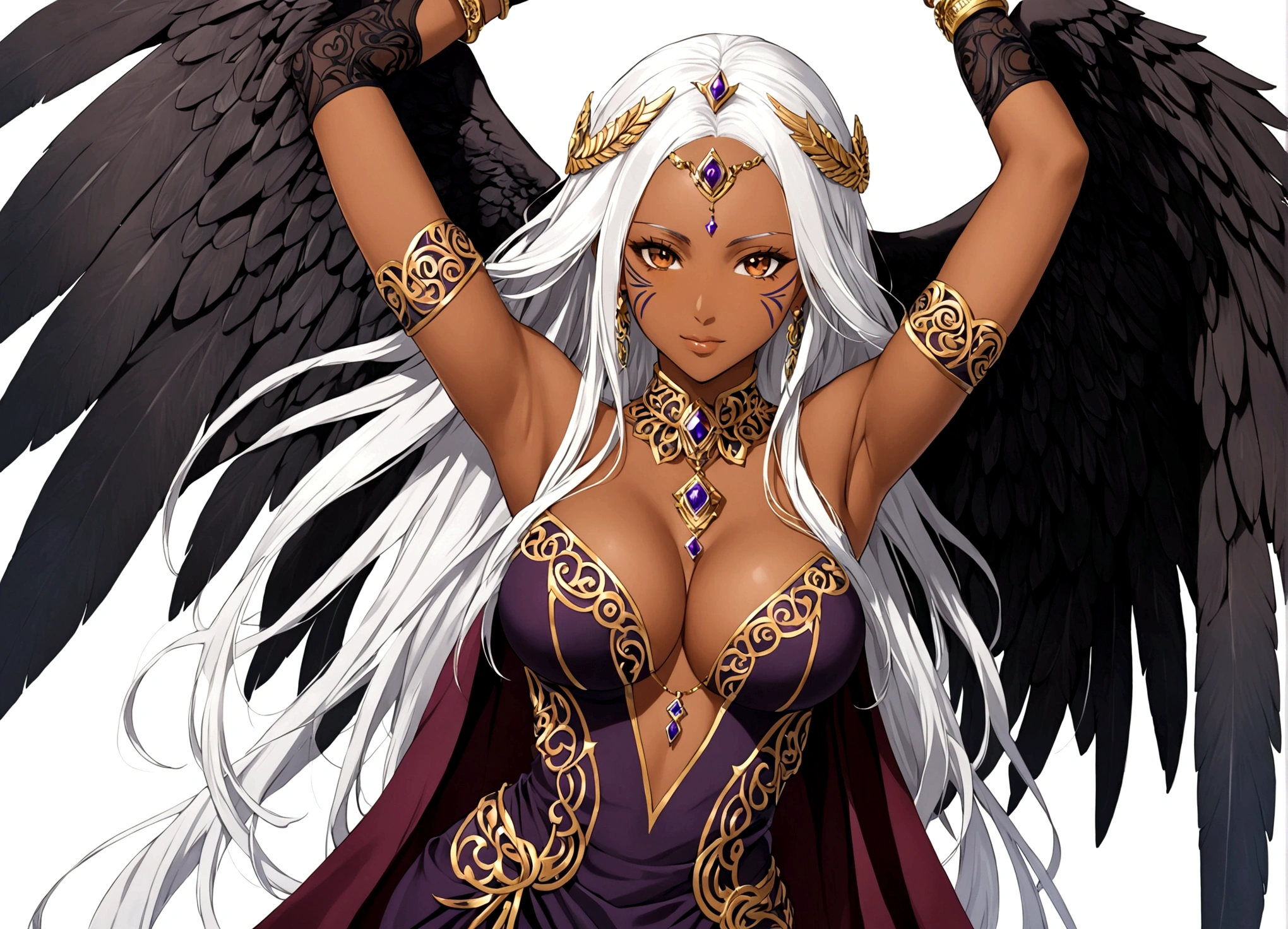 1girl, solo, long hair, breasts, large breasts, gloves, white background, dress, cleavage, jewelry, white hair, wings, choker, elbow gloves, dark skin, armpits, cape, arms up, bracelet, dark-skinned female, facial mark, forehead mark, center opening