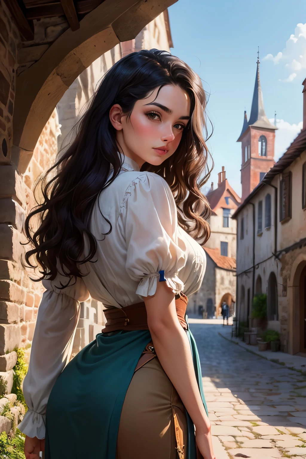 ((best qualityer)), ((work of art)), (detailded), 1 mulher pobre did, fantasy RPG medieval commoner peasant , did, olhos detaildeds, detailed hands ,straight black wavy hair , European peasant clothing ,commoner ,fully dressed, peasant clothing year 1066, fully dressed, in the background an old stone building, clear lighting, detailed shadows
