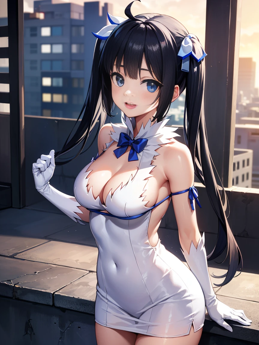 ダンマティ・Hestia, Hestia, blue eyes, Black Hair, Twin tails, Open your mouth, smile,
Rest barefoot, Blue ribbon, blue bow tie, bow, bow tie, Cleavage, Cleavage cutout, Clothing cutouts, dress, gloves, ペンシルdress, (Rei no himo:1.5), 短いdress, White dress, 白いgloves,
break outdoors, city,
break looking at viewer, (Cowboy Shot:1.5),
break (Tabletop:1.2), Highest quality, High resolution, unity 8k wallpaper, (figure:0.8), (Beautiful attention to detail:1.6), Highly detailed face, Perfect lighting, Highly detailed CG, (Perfect hands, Perfect Anatomy),