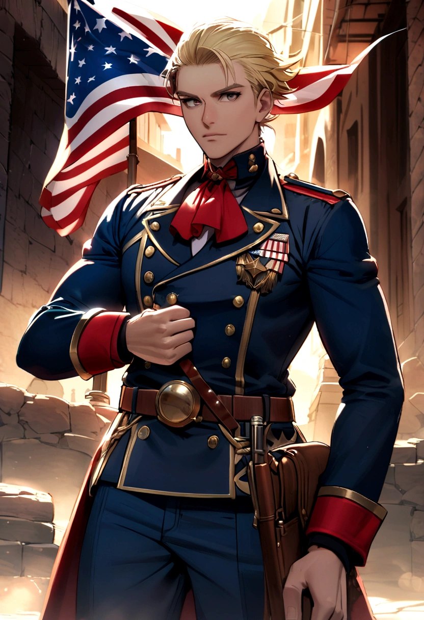 Create a character with the patria captain's outfit and a stylish look with blond hair and a good face, a pumping and well-defined body and red boots holding the American flag in his hand