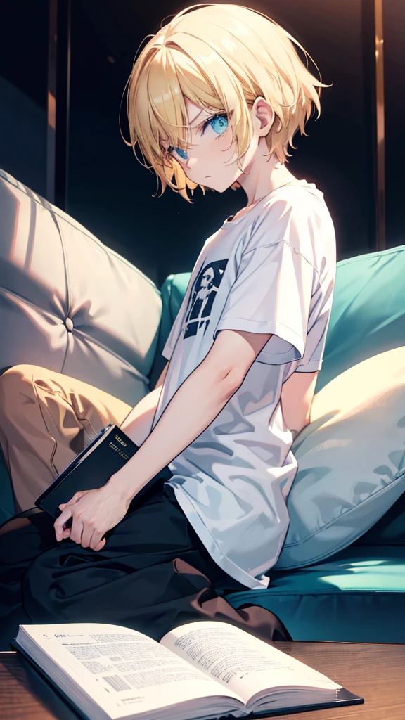 profile background, anime boy, serious face, blond hair, cyan eyes, detailed eyes and face, white t-shirt with a black book in the fabric print, sitting on the sofa, in the living room, high-res portrait, character, fantasy, 4K, high resolution