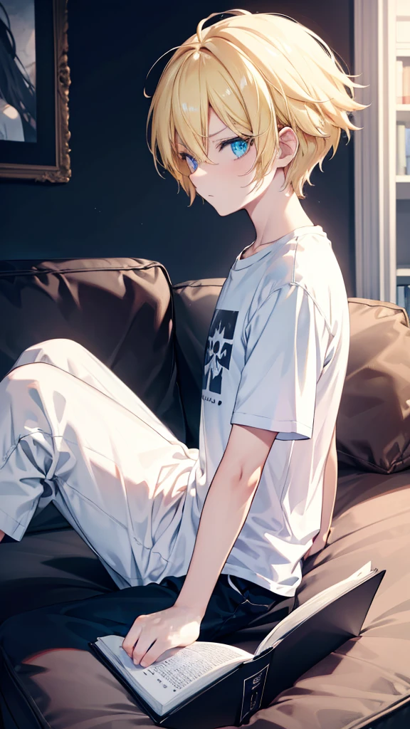 boy, (1boy), femboy, short and blonde curly hair, glasses, white shirt, cat face on shirt, black tight underwear, plumpy ass, laying in bed, sexy, alluring, shota, attractive, child
