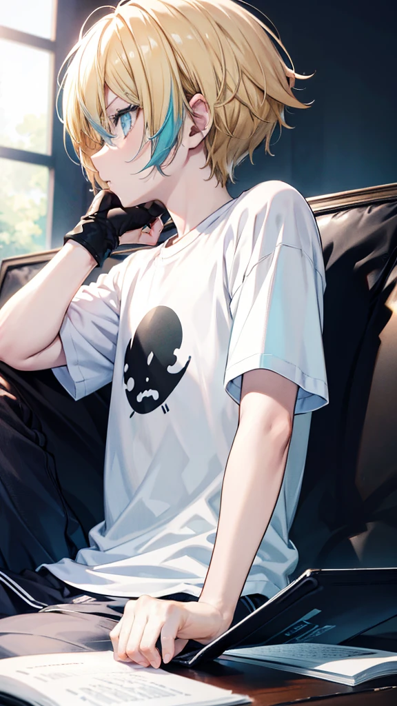 profile background, anime boy, serious face, blond hair, cyan eyes, detailed eyes and face, white t-shirt with a black book drawn in the middle, sitting on the sofa, in the living room, high-res portrait, character, fantasy, 4K, high resolution