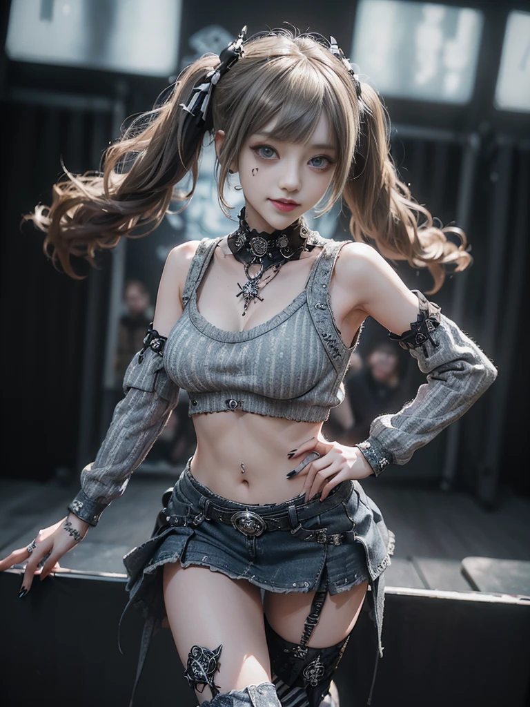 (Smiling with teeth showing:1.3),(Hollywood actress:1.5)、(Gothic Lolita style fashion:1.5)、(Punk RockVisual Kei:1.5)、(Wearing a sweater with intricate decoration:1.4)、(A mini skirt with delicate white, denim and charcoal embellishments.:1.5)、(Denim and light blue and white boots:1.3)、((belt))、(Numerous intricate patterns all over the costume:1.4)、(collar:1.3)、(Striped underwear:1.5)、20-year-old、NSFW、((Highest quality、In 8K、masterpiece:1.3))、Sharp focus:1.2、(Layered Cut、Huge boobs:1.1),Beautiful woman with perfect figure:1.4、(Dancing vigorously:1.3)、Slender Abs:1.2、Highly detailed face and skin texture、Detailed eyes、double eyelid,(Twin tails:1.3)、(Brown-golden hair:1.3)、Gravure idol、(The background is the stage of the fashion show:1.3)、(Slim body:1.3),(Make your legs thinner:1.4),(clavicle:1.1)