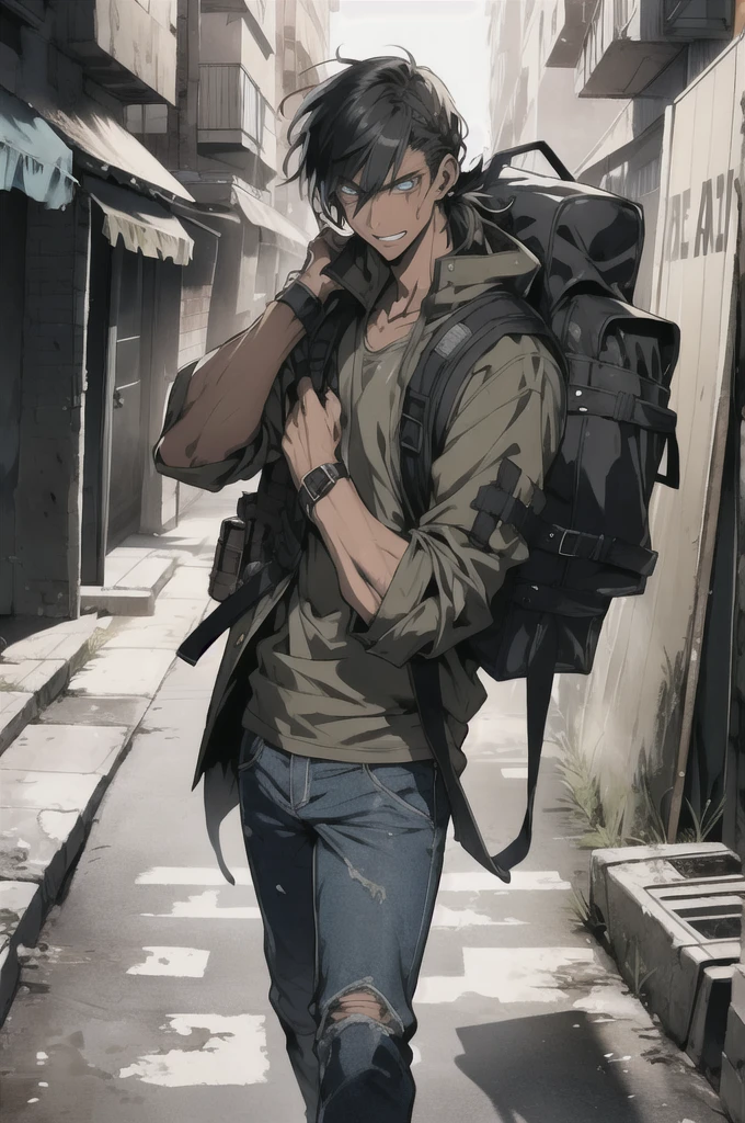 (animesque:1.3), (cover-style:1.3), Extreme refinement, 1boy in、apocalypse, apocalyptic clothes, zombie apocalypse, survival gear, (masterpiece, best quality), 1 male, early twenties, boyish, handsome, black hair, long hair, wavy hair, tan skin, messy hair, half up hairdo, apocalypse outfit, backpack, oversized sweatshirt, worn jeans, apocalypse cityscape, gentle smile