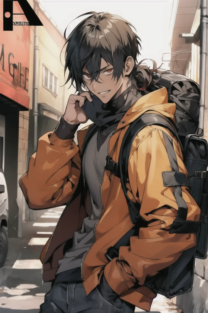 (animesque:1.3), (cover-style:1.3), Extreme refinement, 1boy in、apocalypse, apocalyptic clothes, zombie apocalypse, survival gear, (masterpiece, best quality), 1 male, early twenties, boyish, handsome, black hair, long hair, wavy hair, tan skin, messy hair, half up hairdo, apocalypse outfit, backpack, oversized sweatshirt, worn jeans, apocalypse cityscape, gentle smile