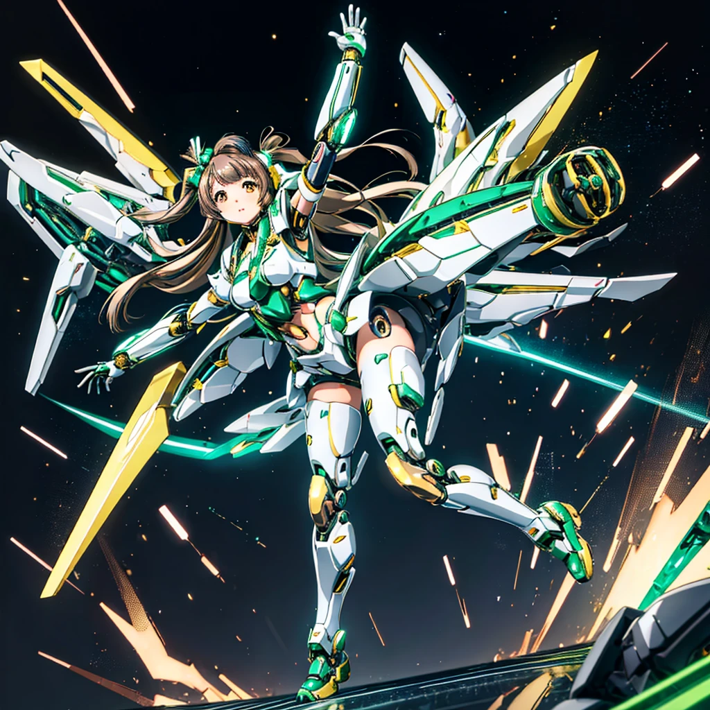 masterpiece, high quality, Gynoid Cyborg Body、The face is Minami Kotori、Minami Kotori, who has been remodeled into a girl-type mechanical body、Mecha Cyborg Girl、Single, frontal composition、Single image、from front, full body、Arms and legs wide open、Black Background