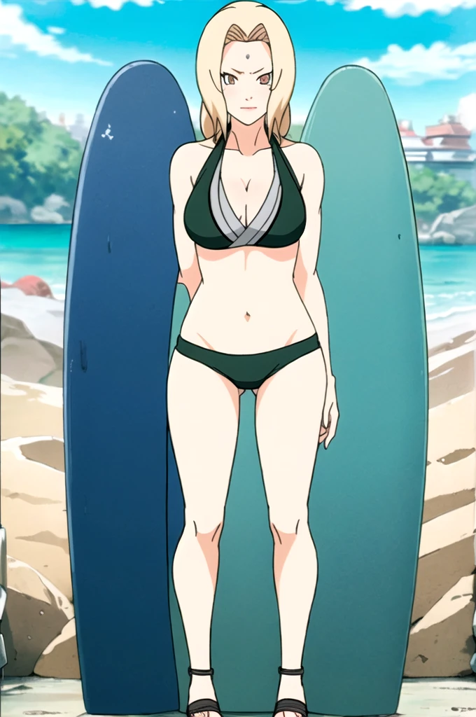 masterpiece, best quality, facing viewer, looking at viewer, 1girl, solo, outdoors, beach, standing, shy, tsunade, bikini