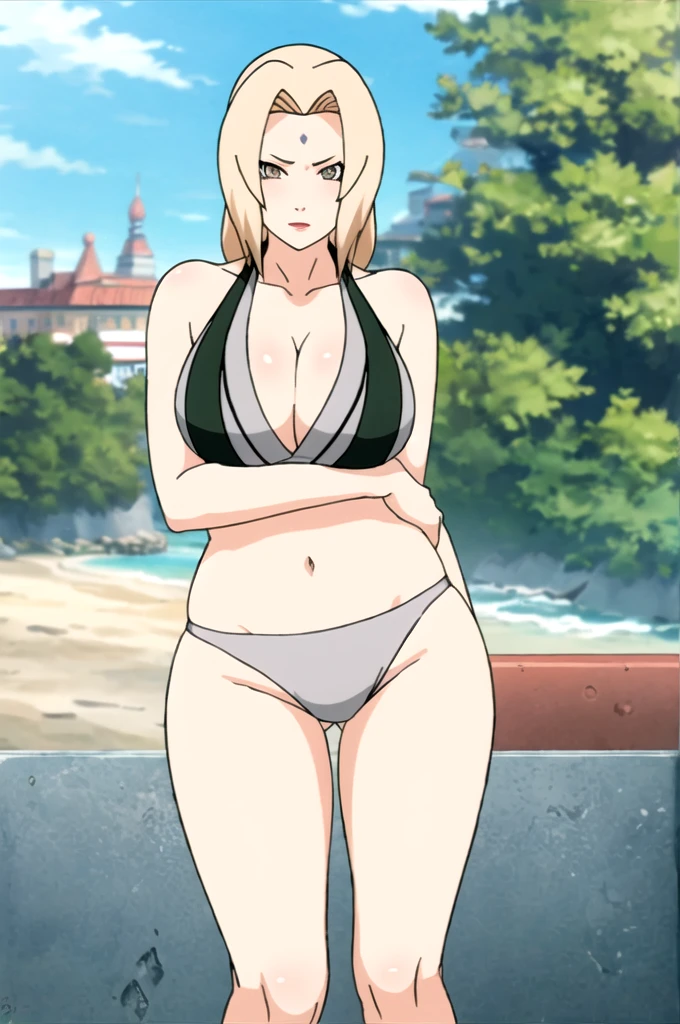 masterpiece, best quality, facing viewer, looking at viewer, 1girl, solo, outdoors, beach, standing, shy, tsunade, bikini