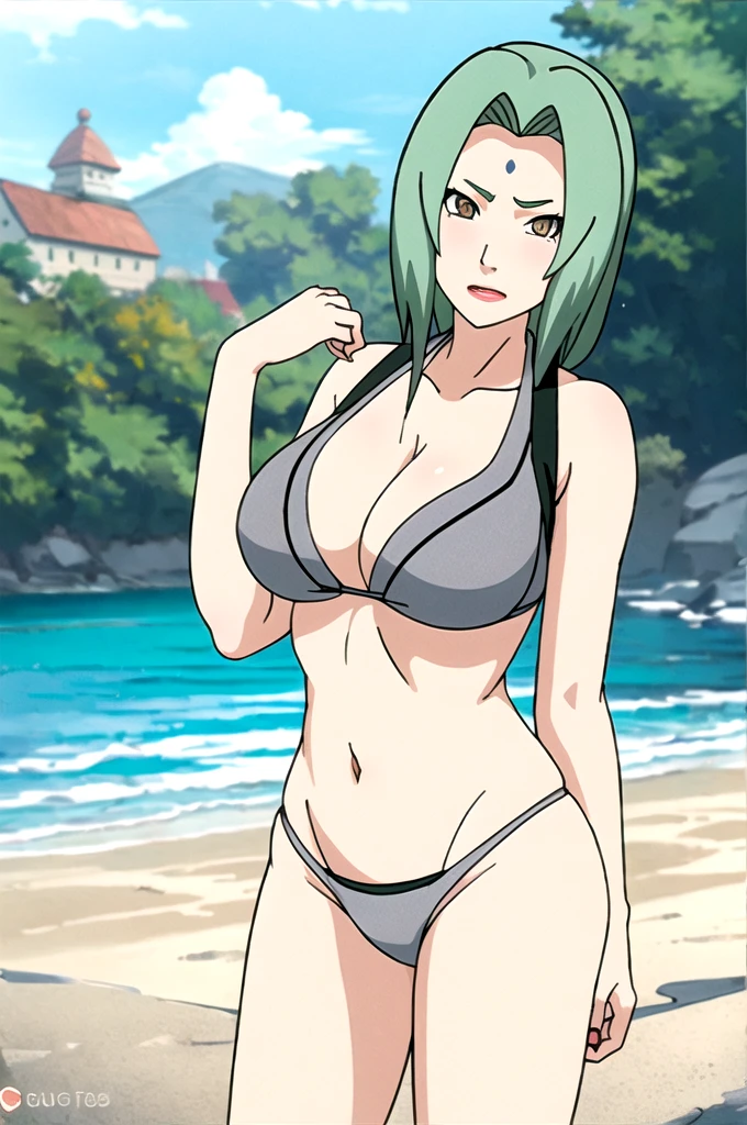 masterpiece, best quality, facing viewer, looking at viewer, 1girl, solo, outdoors, beach, standing, shy, tsunade, bikini