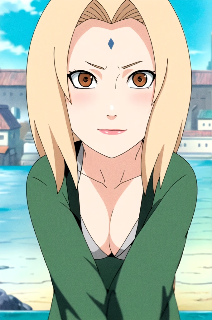 masterpiece, best quality, facing viewer, looking at viewer, 1girl, solo, outdoors, beach, standing, shy, tsunade, bikini