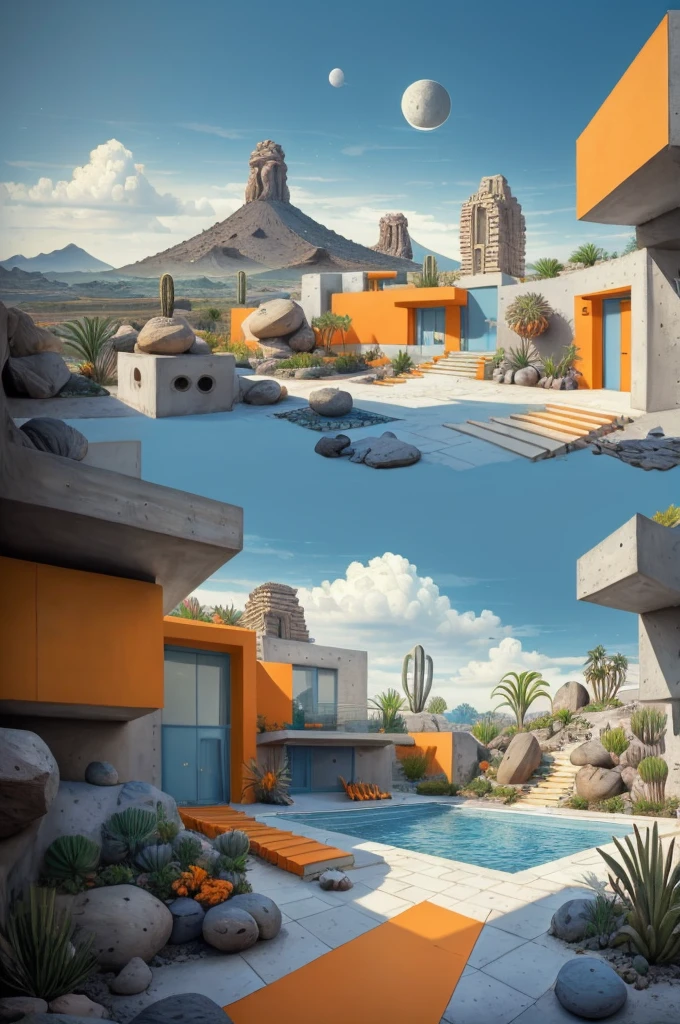 An illustration in collage style, with giant boulders, brutalist building sections, terraces, stairs, cacti, agave, concrete texture, multiple geometric shapes, hatch and cross hatching, planet saturn, volcano, moon, Luis Barragán's architectural style build, milky way galaxy, violet, one motorcycle, An illustration in collage style, with giant boulders, brutalist building sections, stairs, cacti, agave, concrete texture, multiple geometric shapes, hatch and cross hatching, planet saturn, volcano, moon, Luis Barragán's architectural style build, reflective pool, terraces. An elegant and modern build, in top of big boulders, with terraces, materials concrete, wood, steel and crystal, various gardens with tropical vegetation, cacti and rocks, stairs, a pool. In middle of sea, a big wave near, sunset, mountains and a volcano in the horizont, cute islands around, illustration format, cute color palette, detailed, masterpiece, award-winning work, clouds, Illustration, a garden with abundant cacti, ((various organic sculptures)), ((big rocks)), (((multiple sections))), collage style, detailed, (((color palette (olive green), (Mustard orange), cool grey, ((blue)), black and white))), (((a lot Luis barragán's architecture style builds))) big clouds, volcano in horizon, stairs, in the desert. ((masterpiece, best quality)),illustration,ultra detailed 8k, ((Ori Toor visual style)),soviet, megabuildings, megastructures, buildings, organic steel sculpture