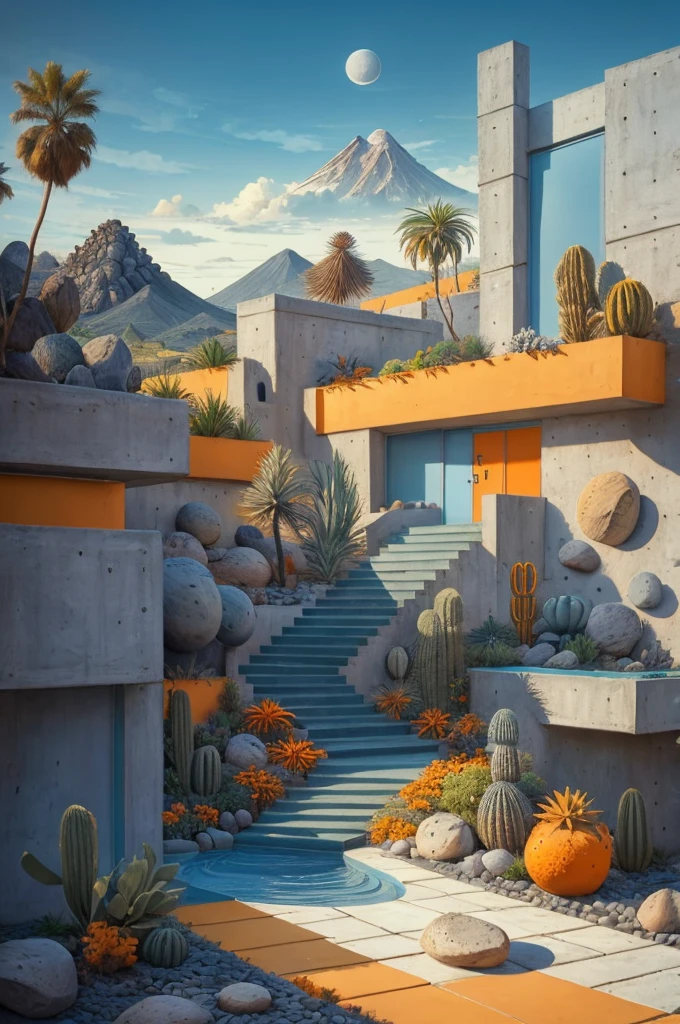 An illustration in collage style, with giant boulders, brutalist building sections, terraces, stairs, cacti, agave, concrete texture, multiple geometric shapes, hatch and cross hatching, planet saturn, volcano, moon, Luis Barragán's architectural style build, milky way galaxy, violet, one motorcycle, An illustration in collage style, with giant boulders, brutalist building sections, stairs, cacti, agave, concrete texture, multiple geometric shapes, hatch and cross hatching, planet saturn, volcano, moon, Luis Barragán's architectural style build, reflective pool, terraces. An elegant and modern build, in top of big boulders, with terraces, materials concrete, wood, steel and crystal, various gardens with tropical vegetation, cacti and rocks, stairs, a pool. In middle of sea, a big wave near, sunset, mountains and a volcano in the horizont, cute islands around, illustration format, cute color palette, detailed, masterpiece, award-winning work, clouds, Illustration, a garden with abundant cacti, ((various organic sculptures)), ((big rocks)), (((multiple sections))), collage style, detailed, (((color palette (olive green), (Mustard orange), cool grey, ((blue)), black and white))), (((a lot Luis barragán's architecture style builds))) big clouds, volcano in horizon, stairs, in the desert. ((masterpiece, best quality)),illustration,ultra detailed 8k, ((Ori Toor visual style)),soviet, megabuildings, megastructures, buildings, organic steel sculpture