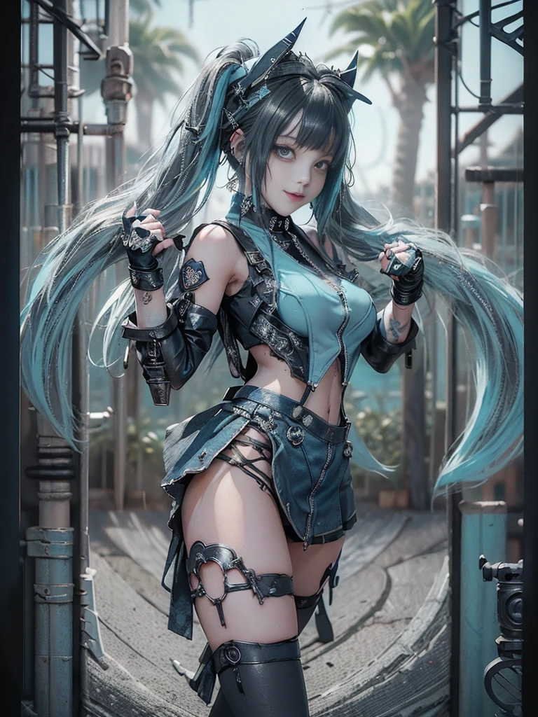 (Full body view:1.4)、(Full Body View:1.3)、(Side view:1.1)、(Smiling with teeth showing:1.3),(Shibuya Gal:1.5)、(Maid café clerk:1.5)、(Punk RockVisual Kei:1.4)、(Turquoise, navy and denim medieval noble zip up:1.5)、(Navy and white arm covers and micro mini skirt:1.5)、(Blue high heels:1.3)、(Wearing silver accessories:1.5)、(Dark brown collar:1.4)、(Leather garter belt:1.4)、(Brown Skin Belt:1.3)、(Black lace underwear:1.5)、20-year-old、NSFW、((Highest quality、In 8K、masterpiece:1.3))、Sharp focus:1.2、(Layered Cut、Huge boobs:1.1),Beautiful woman with perfect figure:1.4、(Doing an aerobics pose:1.3)、Slender Abs:1.2、Highly detailed face and skin texture、Detailed eyes、double eyelid,(Twin tails:1.3)、(Black Hair:1.3)、Gravure idol、(A fairytale-like cafe with a lush tree background:1.3)、(Slim body:1.3),(Make your legs thinner:1.4),(Thin, thin thighs:1.3)、（clavicle:1.1）