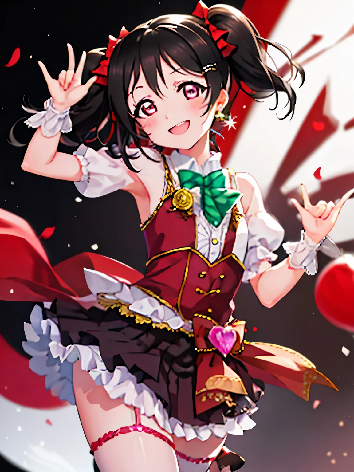 Highest quality, masterpiece, High resolution, alone, {Yazawa Nico_lovelive:1.15}, short_hair, black_hair,Twin tails_hair,Red-purple_eye, smile, Looking back beauty,Waving with the back hand,From the waist up,uniform,Open your right palm,background=white