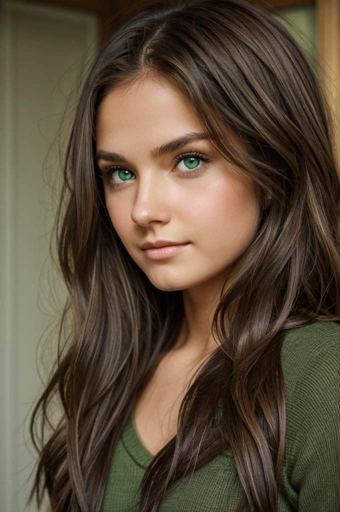 A girl with stinky brown hair and green eyes with gray wolf hair