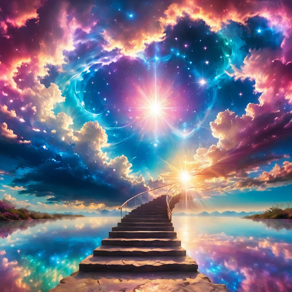 A dreamlike celestial staircase ascending into the heavens. Ethereal steps of light rise through pastel-colored clouds, leading towards a bright, glowing center. The sky is a soft blend of blues, pinks, and purples, with wispy clouds creating a surreal atmosphere. Beams of light radiate from the central brightness, giving the scene a divine and mystical quality. The overall effect is one of transcendence, hope, and spiritual journey, as if depicting a pathway to another realm or higher consciousness.