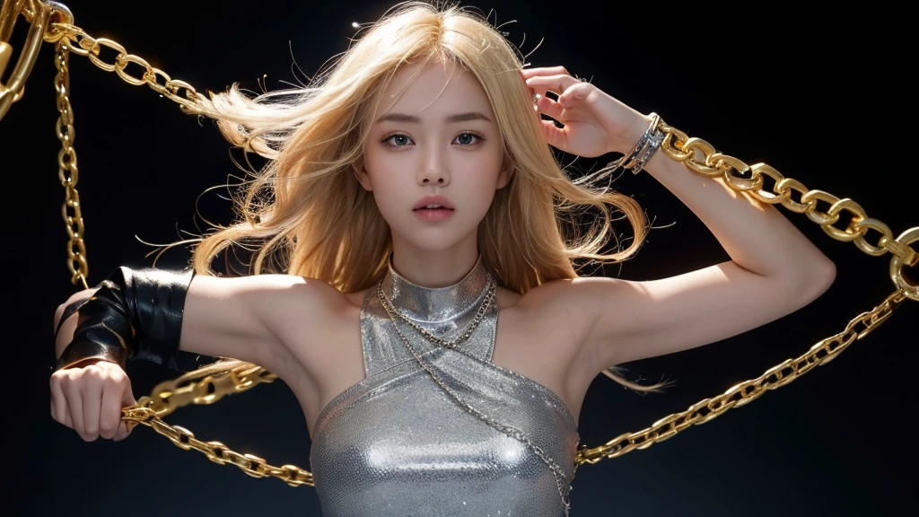 A girl with blonde hair is shown breaking chains that were holding her back, symbolizing freedom and strength. The chains are shattered and flying in the air, with determined look on her face.
Colors: Dark background with metallic silver chains, and subtle light highlighting the breaking point. Red