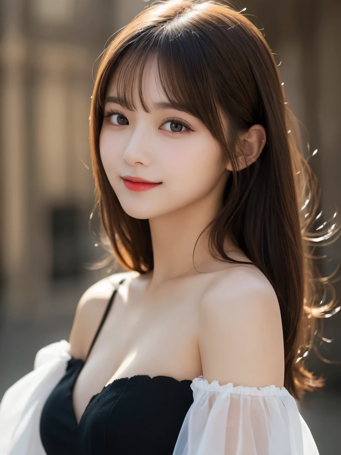 table top, highest quality, shape, Super detailed, finely, High resolution, 8k wallpaper, Perfect dynamic shape, beautiful and detailed eyes, D cup, natural color lip, random sexy pose,smile、20 year old girl、midnight、Beautiful and dense face、perfect and beautiful face,Big eyes、real photos(best image quality),Sheer off-shoulder dress (black)、looking at camera、Please stand、Do gal makeup,blurred background