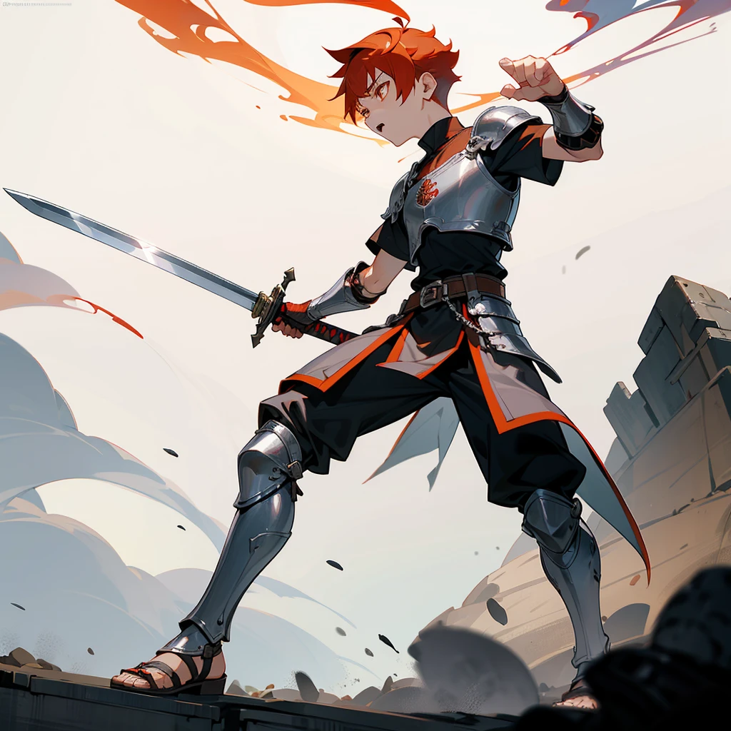 1boys, Full body version, orange eyes, undercut hair, red colour hair, very angry expression, gladiator clothing, short sleeve shirt, gladiator skirt, silver armor body, bodybelt, gladiator sandals, Spatha sword in hand, (war gesture), Grassroots background in war, smoke