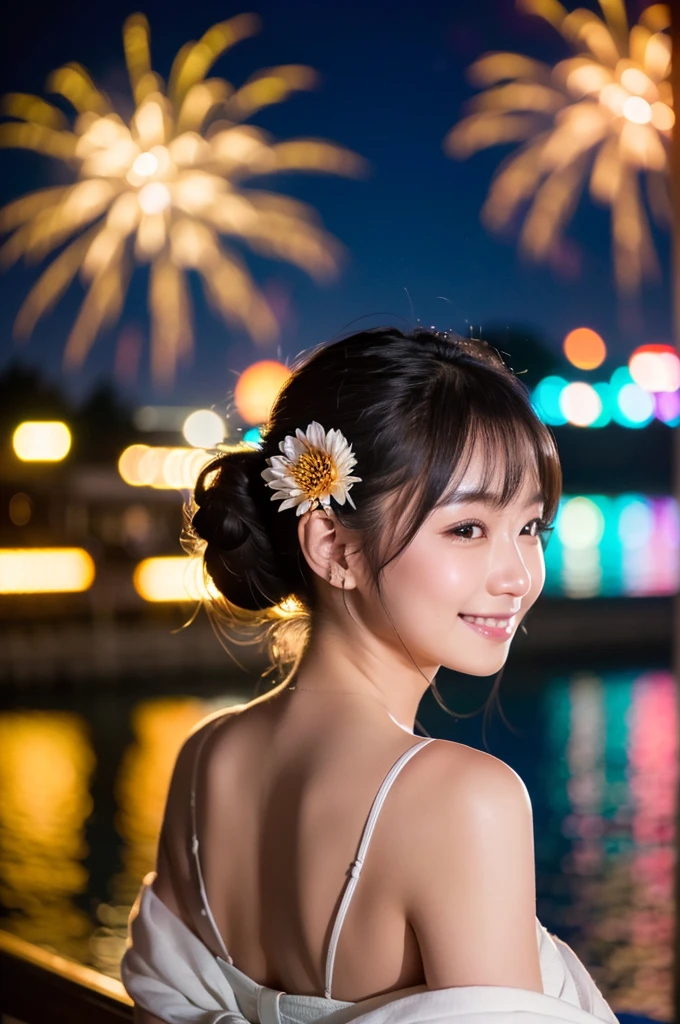 ((Highest quality, 8K, masterpiece: 1.3)),RAW Photos,Realistic atmosphere,Lens flare, Ray Tracing,(Detailed beautiful white skin:1.3),Beautiful Japanese,22 years old, Watching the fireworks wearing a floral yukata,Beautiful nape,Looking back with an innocent smile,Hanging hair over your ears,Blurred grand fireworks,Star Mine,Spectacular fireworks reflected on the lake