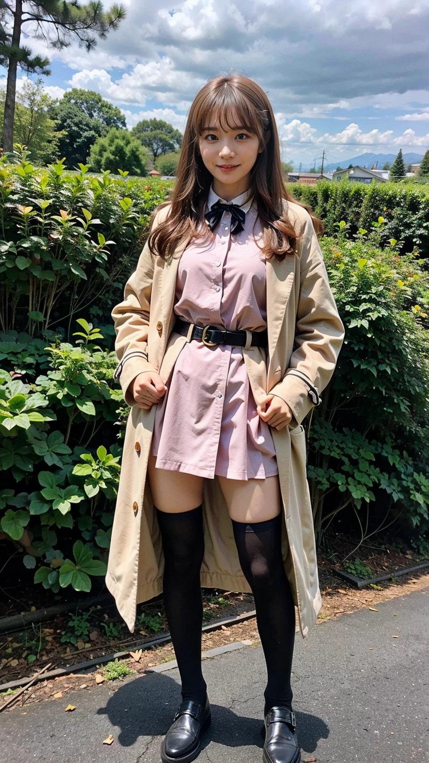 (8K、RAW Photos、Highest quality、masterpiece:1.2)、(Realistic、Realistic)、1 Girl、((Pink Coat、smile、Black mini dress、whole body、Knee socks、loafers、garden、chest emphasis、whole body、View from the front、Ribbon on chest、Looking into the camera、belt、Stand with hands on hips))、