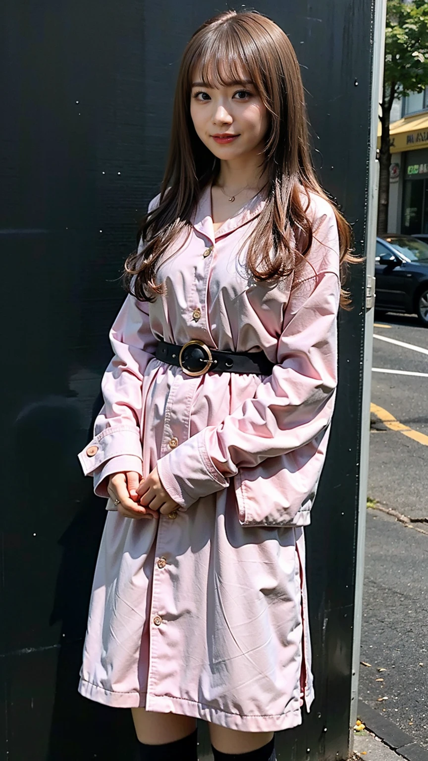 (8K、RAW Photos、Highest quality、masterpiece:1.2)、(Realistic、Realistic)、1 Girl、((Pink Coat、smile、Black mini dress、whole body、Knee socks、loafers、garden、chest emphasis、whole body、View from the front、Ribbon on chest、Looking into the camera、belt、Stand with hands on hips))、