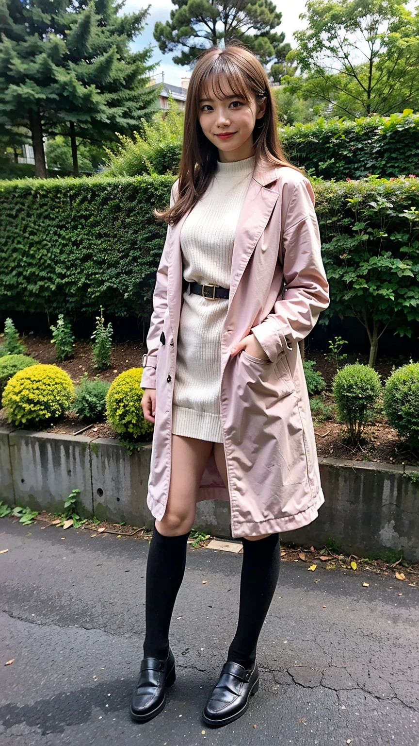 (8K、RAW Photos、Highest quality、masterpiece:1.2)、(Realistic、Realistic)、1 Girl、((Pink Coat、smile、Black mini dress、whole body、Knee socks、loafers、garden、chest emphasis、whole body、View from the front、Ribbon on chest、Looking into the camera、belt、Stand with hands on hips))、