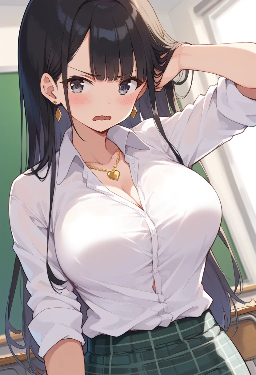 (score_9,score_8_up,score_7_up,score_6_up),masterpiece,best quality, source anime, rating_explicit, ukkripony, 1girl, solo, standing, arm hug, cowboy shot, classroom, (blush:1.3),frown,angry, confused, (open mouth:1.2),wavy mouth, BREAK girl, 18 yo, (:1), gal, (large breasts:1.1), black hair, long hair, blunt bangs, straight hair, (hair slicked back:0.7), ears, grey eyes, (tareme:1.3), (eyeshadow:0.9), (lips:0.8),,, BREAK , (white collared shirt, untucked shirt:1.3), (short sleeves:1), (sleeves rolled up:1.3),collarbone, (cleavage:0.8), (black and pink lace bra:1) BREAK (black and grey plaid skirt, miniskirt), BREAK gold necklace, gold bracelet, piercing, black nails,