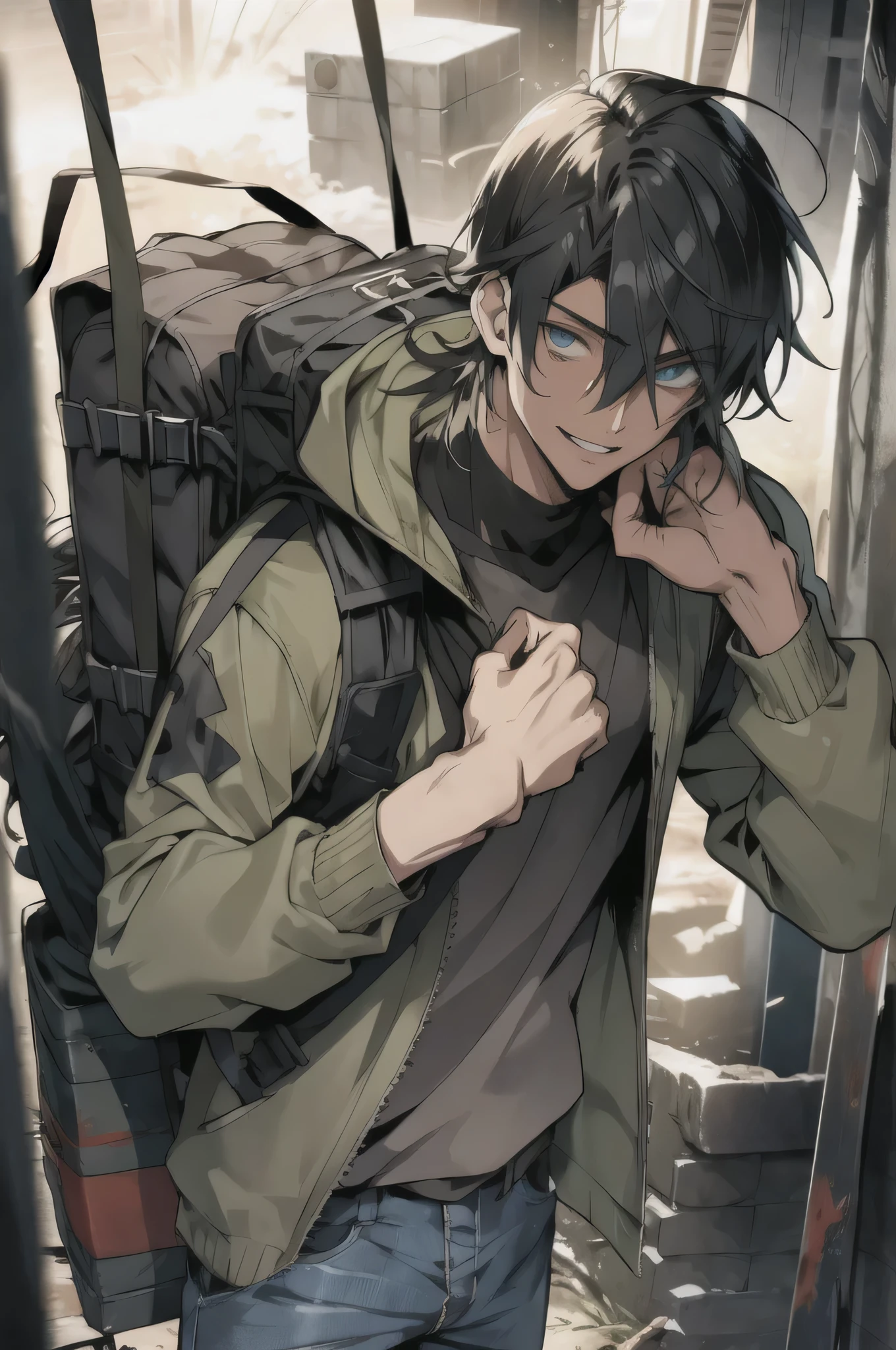 (animesque:1.3), (cover-style:1.3), Extreme refinement, 1boy in、apocalypse, apocalyptic clothes, zombie apocalypse, survival gear, (masterpiece, best quality), 1 male, early twenties, boyish, handsome, black hair, long hair, wavy hair, tan skin, messy hair, half up hairdo, apocalypse outfit, backpack, oversized sweatshirt, worn jeans, apocalypse cityscape, gentle smile