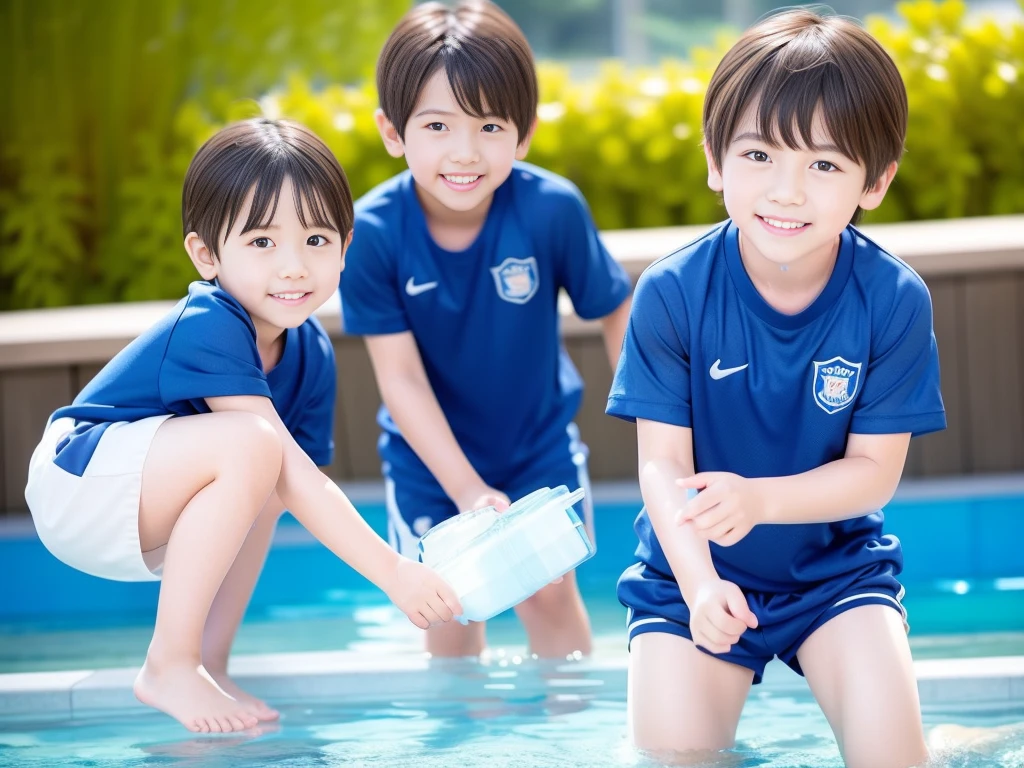 夏休みのprimary school校、Pool、primary school５Grade、Japan Boy、Glowing water splashes、A good boy dripping with water、Playing innocently、hot day、Two Boys、Various poses、Short sleeve gym uniform、Blue shorts、physical education、barefoot，（Boy 1.4）、Boys only 、(１０Age 1.４)