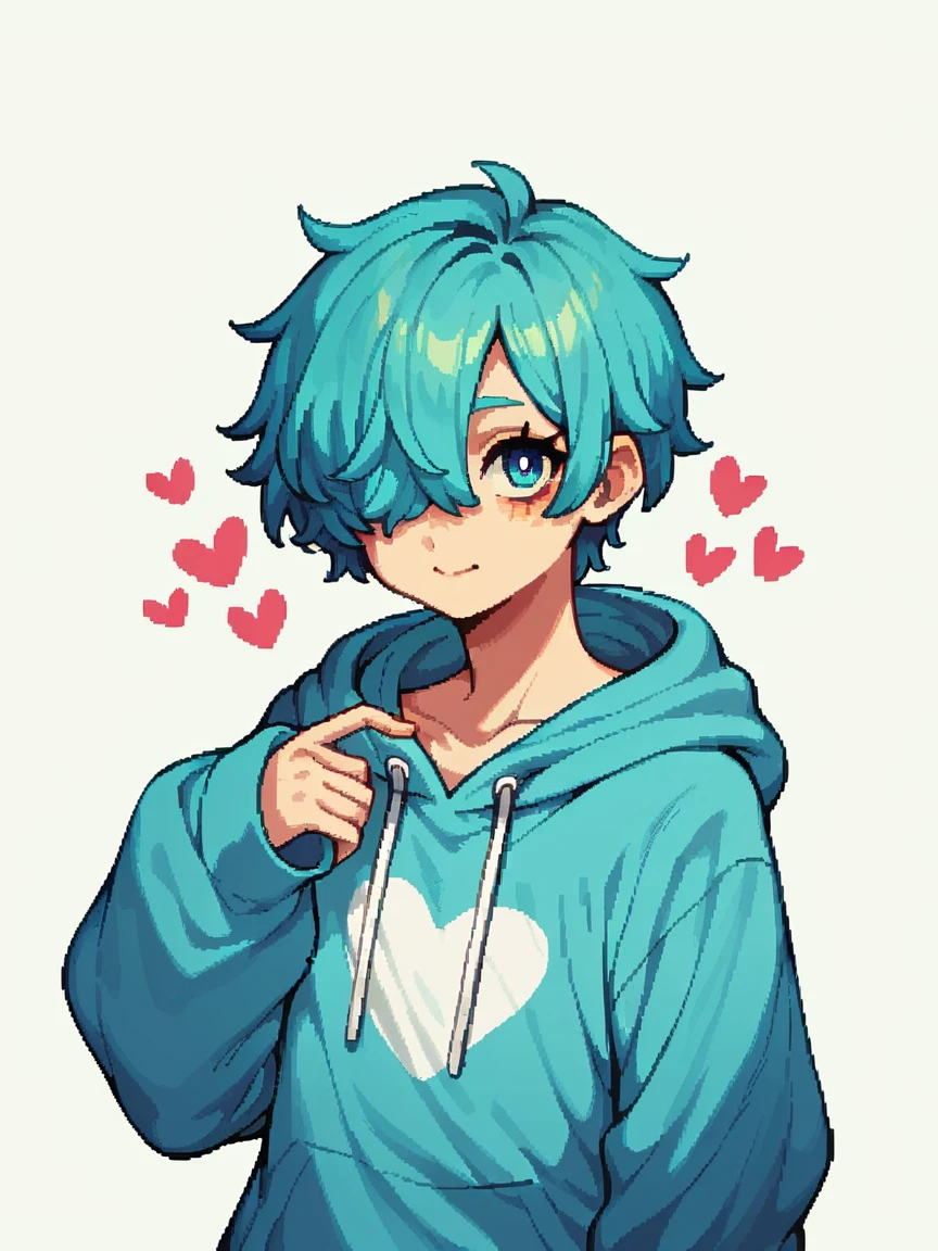 score_9, score_8_up, score_7_up, score_6_up, pixel art, 1boy, long cyan hair, hair over one eye, oversized hoodie, exposed lower half, heart shaped floating icons