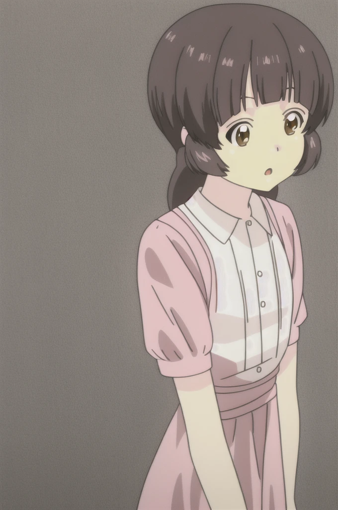 mayumi, anime art style, 1girl, solo, long_hair, open_mouth, pink_hair, shirt, dress, brown_eyes, upper_body, short_sleeves