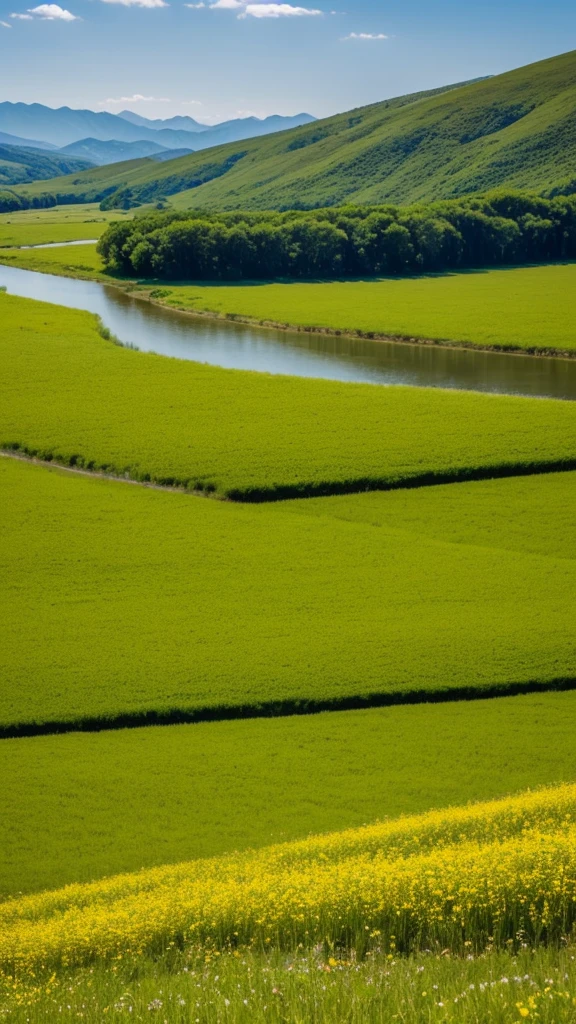 A vast golden plain, covered in tall grass that sways gently in the breeze, extends as far as the eye can see. Ao longe, majestic mountains rise against the clear blue sky, with slopes covered by a carpet of green forests. In the middle of the plain, a river meanders lazily, its waters shining in the sunlight. On the banks of the river, wildflowers of all colors dot the field, Creating a vibrant spectacle. The sound of birds singing fills the air, while butterflies dance from flower to flower. It is a serene and picturesque setting, where nature displays all its beauty.