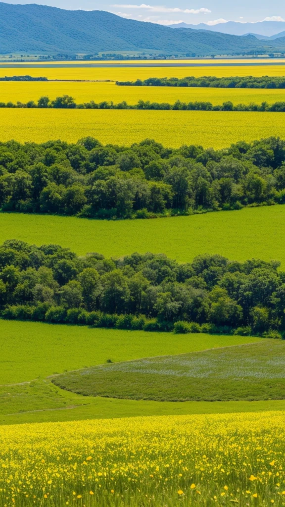 A vast golden plain, covered in tall grass that sways gently in the breeze, extends as far as the eye can see. Ao longe, majestic mountains rise against the clear blue sky, with slopes covered by a carpet of green forests. In the middle of the plain, a river meanders lazily, its waters shining in the sunlight. On the banks of the river, wildflowers of all colors dot the field, Creating a vibrant spectacle. The sound of birds singing fills the air, while butterflies dance from flower to flower. It is a serene and picturesque setting, where nature displays all its beauty.