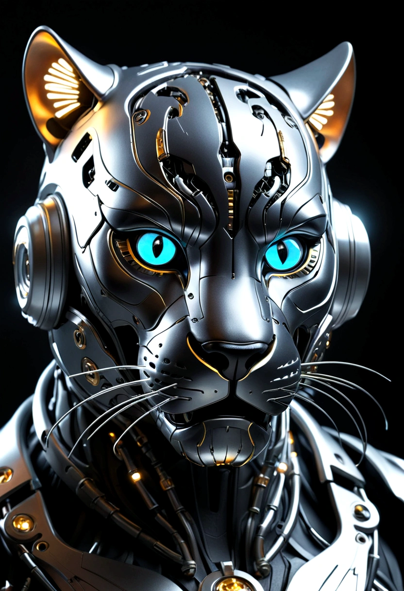 Highest quality, spectacular lighting, scary expression, fierce expression, roaring, spectacular atmosphere, futuristic, panther helmet, head portrait, metal cat, cyborg. ,cyberpunk style,mechanical intricate details, complicated details Too much detail, light bulbs, cinematic images, vignettes, white background effects, black colors, straight faces.