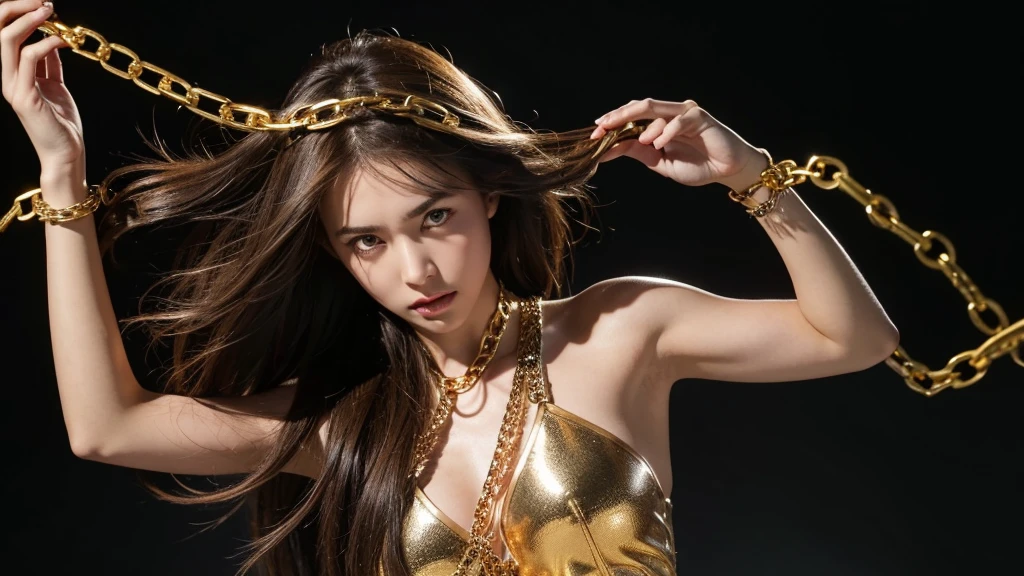 A girl with brown hair is shown breaking chains that were holding her back, symbolizing freedom and strength. The chains are shattered and flying in the air, with determined look on her face.
Colors: Dark background with metallic silver chains, and subtle light highlighting the breaking point. Red