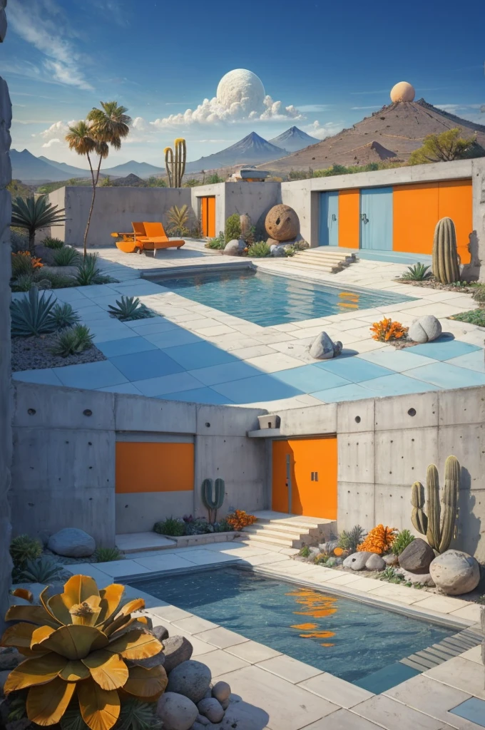 An illustration in collage style, with giant boulders, brutalist building sections, terraces, stairs, cacti, agave, concrete texture, multiple geometric shapes, hatch and cross hatching, planet saturn, volcano, moon, Luis Barragán's architectural style build, milky way galaxy, violet, one motorcycle, An illustration in collage style, with giant boulders, brutalist building sections, stairs, cacti, agave, concrete texture, multiple geometric shapes, hatch and cross hatching, planet saturn, volcano, moon, Luis Barragán's architectural style build, reflective pool, terraces. An elegant and modern build, in top of big boulders, with terraces, materials concrete, wood, steel and crystal, various gardens with tropical vegetation, cacti and rocks, stairs, a pool. In middle of sea, a big wave near, sunset, mountains and a volcano in the horizont, cute islands around, illustration format, cute color palette, detailed, masterpiece, award-winning work, clouds, Illustration, a garden with abundant cacti, ((various organic sculptures)), ((big rocks)), (((multiple sections))), collage style, detailed, (((color palette (olive green), (Mustard orange), cool grey, ((blue)), black and white))), (((a lot Luis barragán's architecture style builds))) big clouds, volcano in horizon, stairs, in the desert. ((masterpiece, best quality)),illustration,ultra detailed 8k, ((Ori Toor visual style)),soviet, megabuildings, megastructures, buildings, organic steel sculpture