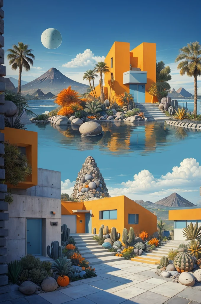 An illustration in collage style, with giant boulders, brutalist building sections, terraces, stairs, cacti, agave, concrete texture, multiple geometric shapes, hatch and cross hatching, planet saturn, volcano, moon, Luis Barragán's architectural style build, milky way galaxy, violet, one motorcycle, An illustration in collage style, with giant boulders, brutalist building sections, stairs, cacti, agave, concrete texture, multiple geometric shapes, hatch and cross hatching, planet saturn, volcano, moon, Luis Barragán's architectural style build, reflective pool, terraces. An elegant and modern build, in top of big boulders, with terraces, materials concrete, wood, steel and crystal, various gardens with tropical vegetation, cacti and rocks, stairs, a pool. In middle of sea, a big wave near, sunset, mountains and a volcano in the horizont, cute islands around, illustration format, cute color palette, detailed, masterpiece, award-winning work, clouds, Illustration, a garden with abundant cacti, ((various organic sculptures)), ((big rocks)), (((multiple sections))), collage style, detailed, (((color palette (olive green), (Mustard orange), cool grey, ((blue)), black and white))), (((a lot Luis barragán's architecture style builds))) big clouds, volcano in horizon, stairs, in the desert. ((masterpiece, best quality)),illustration,ultra detailed 8k, ((Ori Toor visual style)),soviet, megabuildings, megastructures, buildings, organic steel sculpture