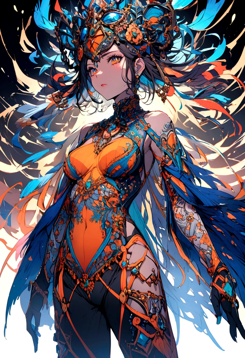 absurd, highres, ultra detailed, (ultra-detailed background, detailed background), extremely detailed, flame demon woman, adult woman, perfect adult face, 35 years old, (zentangle:1.2), (geometric:1.2), colorful, full body, sexy pose, short clothes, dragon tattoo, stars, tiny thong, almost naked, muscular, perfect body, vietnamese ornaments, demon of japanese culture