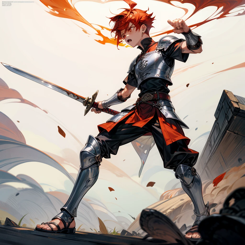 1boys, Full body version, orange eyes, undercut hair, red colour hair, very angry expression, gladiator clothing, short sleeve shirt, gladiator skirt, silver armor body, bodybelt, gladiator sandals, Spatha sword in hand, (war gesture), Grassroots background in war, smoke 