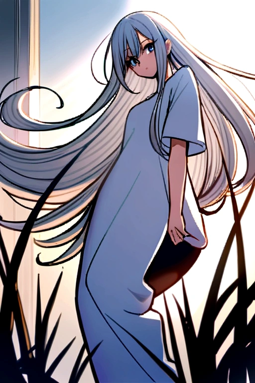 One woman. Oversized t-shirt, oversized pants, white hair. Long hair