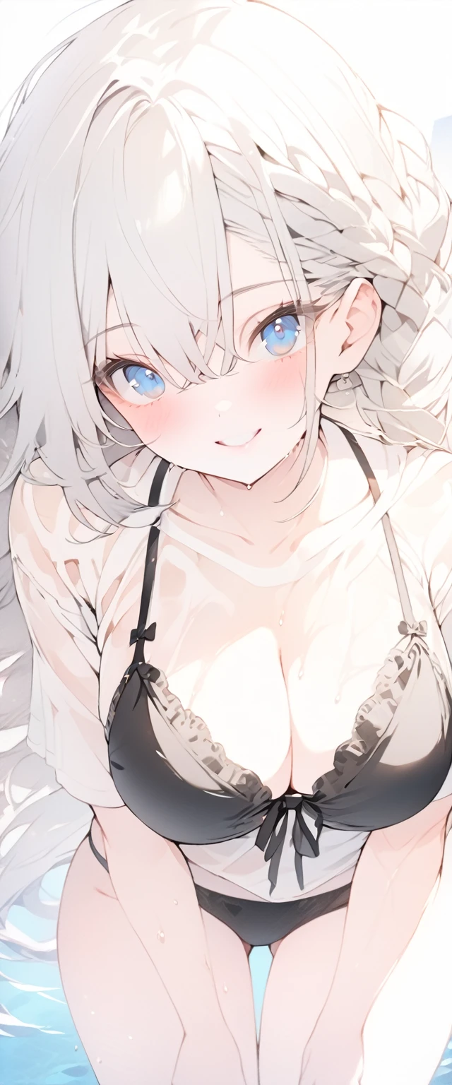 beautiful, masterpiece, Highest quality, anime, One girl,Portrait Shot, View your viewers, Covered、Long Hair、nearby、Blue Eyes、art、White hair,black streaked hair、Thighs、Braid、Wet Shirt、 Light black bikini、Pool、Bright、smile、See-through bikini、Cleavage
