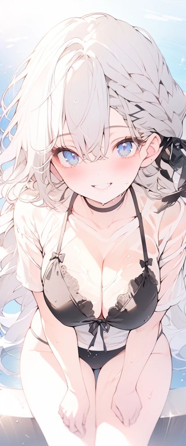 beautiful, masterpiece, Highest quality, anime, One girl,Portrait Shot, View your viewers, Covered、Long Hair、nearby、Blue Eyes、art、White hair,black streaked hair、Thighs、Braid、Wet Shirt、 Light black bikini、Pool、Bright、smile、See-through bikini、Cleavage
