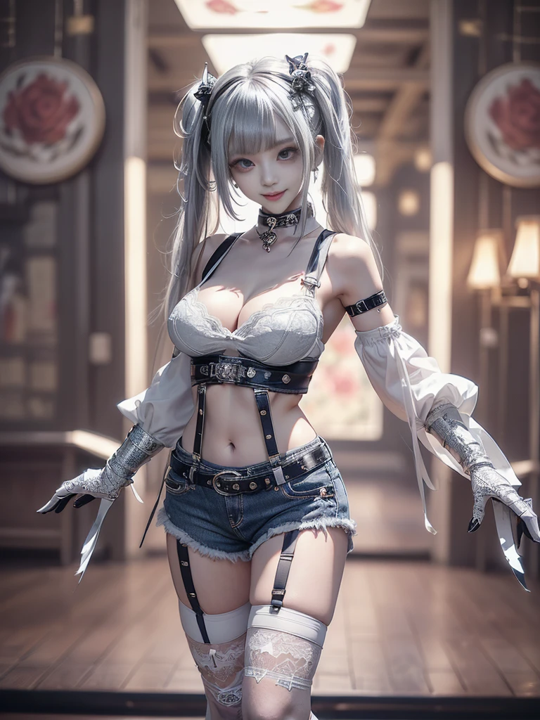 (Full body:1.5)、(Full body:1.2)、(Smiling with teeth showing:1.3),(Shibuya Gal:1.5)、(Neo-goth style fashion:1.5)、(Punk RockVisual Kei:1.4)、(Medieval noble gimp in denim and silver and white:1.5)、(Denim medieval white arm covers and garter shorts:1.5)、(White denim high heels:1.3)、(Wearing silver accessories:1.5)、(Denim collar:1.4)、(White leather garter belt:1.4)、(Brown Skin Belt:1.3)、(White lace underwear:1.5)、20-year-old、NSFW、((Highest quality、In 8K、masterpiece:1.3))、Sharp focus:1.2、(Layered Cut、Huge boobs:1.1),Beautiful woman with perfect figure:1.4、(Dancing vigorously:1.3)、Slender Abs:1.2、Highly detailed face and skin texture、Detailed eyes、double eyelid,(Twin tails:1.3)、(Golden Hair:1.3)、Gravure idol、(The background is a VIP room of a high-class cabaret club surrounded by roses on a sunny day outdoors.:1.3)、(Slim body:1.3),(Make your legs thinner:1.4),(clavicle:1.1)