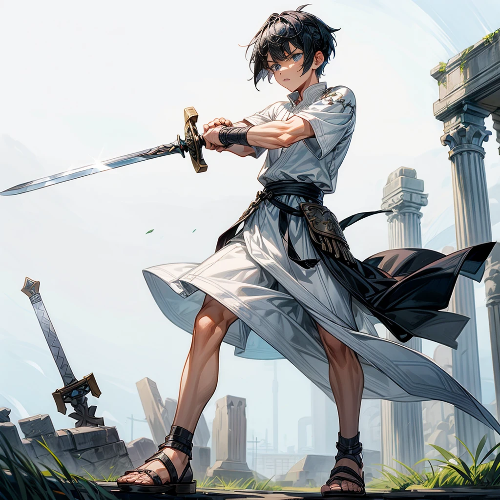 1boys, Full body version, blue eyes, undercut hair, black colour hair, very angry expression, white tunic Ancient Roman clothing, short sleeve shirt, gladiator skirt, gladiator armor, gladiator sandals, Spatha sword in hand, war gesture, Grassroots background