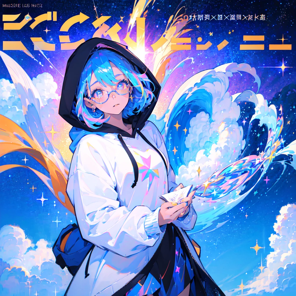 (magazine cover:1.1), masterpiece, best quality, 1girl, blue hair, medium hair, hoodie, hood up, glasses, jewelry dynamic, colorful, cloudy sky, sparkle, sparkling, glitter, glittering, iridescent, swirl, swirling, abstract, expressive