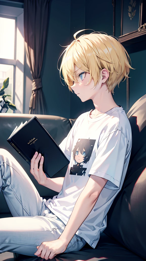 profile background, anime boy, neutral face, blond hair, cyan eyes, detailed eyes and face, white t-shirt with a black book in the fabric print, sitting on the sofa, in the living room, high-res portrait, character, fantasy, 4K, high resolution