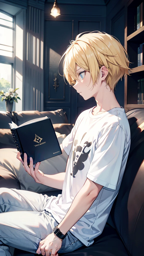 profile background, anime boy, neutral face, blond hair, cyan eyes, detailed eyes and face, white t-shirt with a black book in the fabric print, sitting on the sofa, in the living room, high-res portrait, character, fantasy, 4K, high resolution