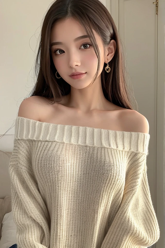 ((Highest quality)), ((masterpiece)), (detailed), One girl, Off-the-shoulder sweater, gigantic breasts,